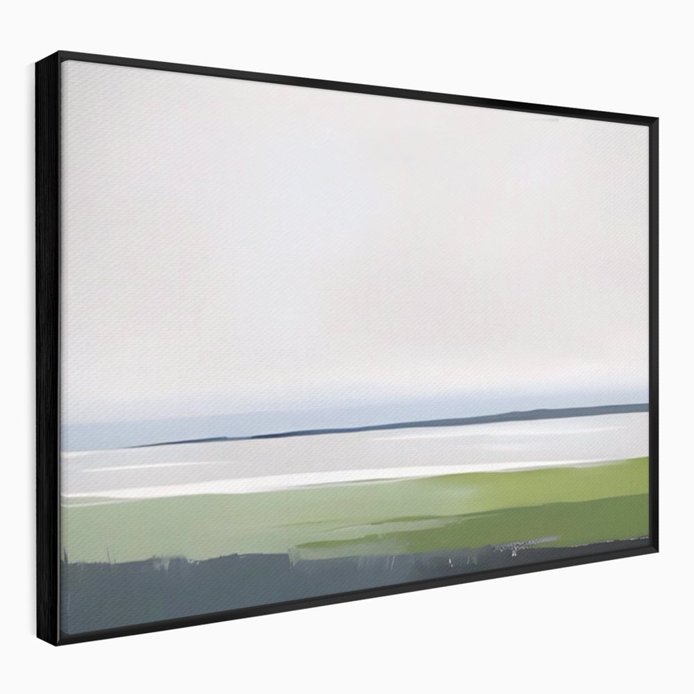 Tablou canvas cu pictura orizontala cu peisaj de campie si apa, in rama de aluminiu negru